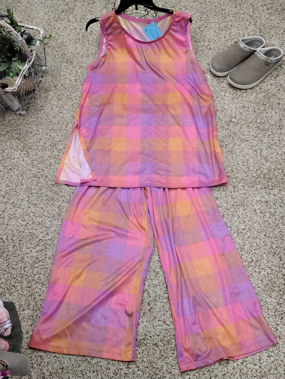 3990 Size Large Sleeveless Wide-Leg Pantsuit in Pink & Peach Plaid